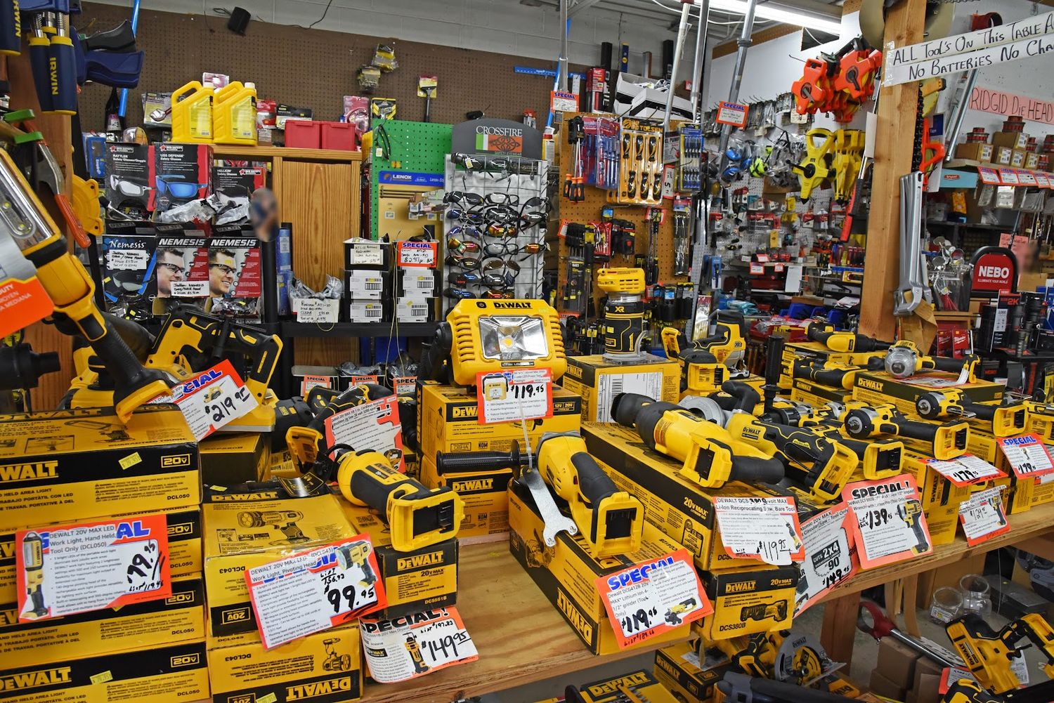 DeWalt power tools displayed with prices