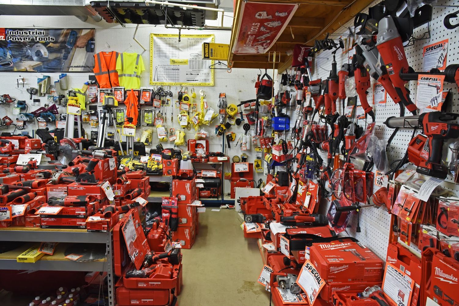Wall of Milwaukee power tools and safety vests on the sales floor